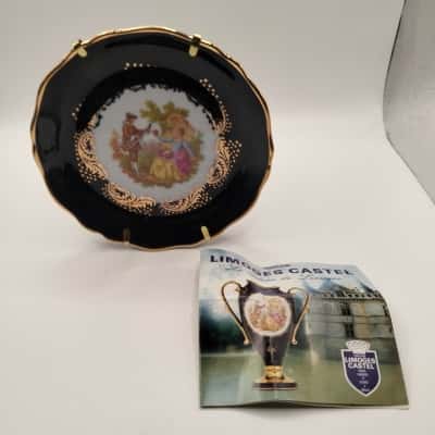 Limoges Castel France Cobalt Blue. Decorative Plate featuring a Romantic courtship. Gold filigree detail.  11 cm diameter