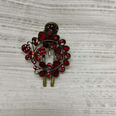 Stunning Ruby Red Diamante & Rhinestone Ornate Hinged Antique Style Gold Tone/Brass Hair clip - RRP $89.00
