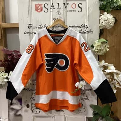 Reebok/NHL Brand! PHILADELPHIA FLYERS JERSEY W/ EMBROIDERED LOGO! NO; 28 CLAUDE GIROUX! Mens  Size XXXL Jersey Black  / Orange / Pattern / White 