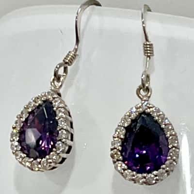 925 Silver Purple Cabachon Stone Diamontee Drop Earrings 