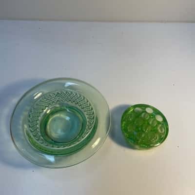 Green glass float bowl with flower frog