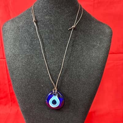  Women's Blue Glass Evil Eye Pendant Necklace on a Black Adjustable Cord