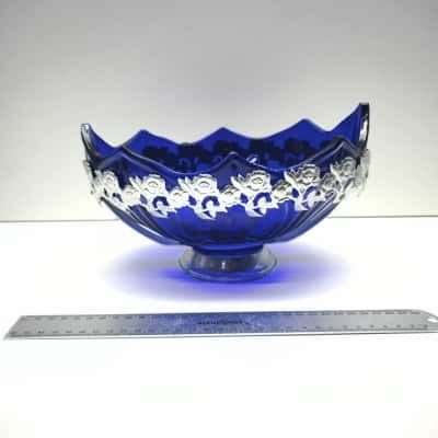 Vintage Cobalt Blue Glass Footed Bowl Silver Floral Overlay Scalloped Rim 20cm