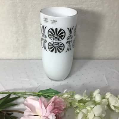 Egizia Italy White / Silver Pattern Tall Mouth-Blown Glass Vase