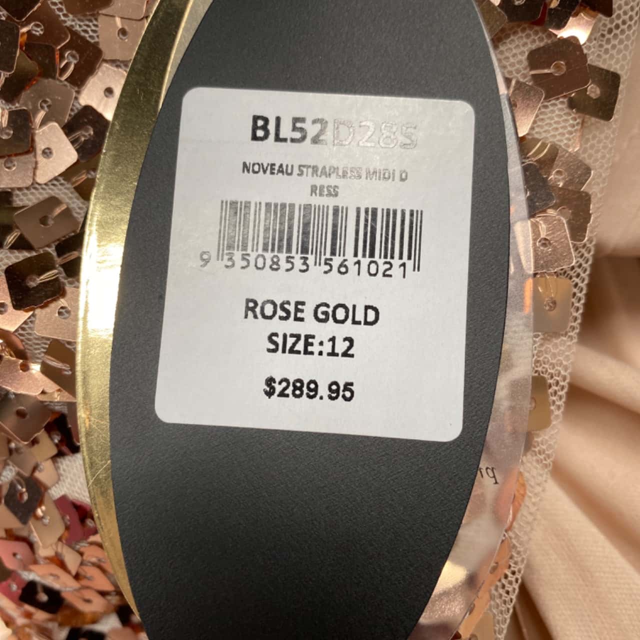 SPOOKY SPRING SALE* Women's Bariano Size 12 Strapless Rose Gold Sequin Midi Dress, BNWT(s) - New With Tags | Salvos Stores SPOOKY SPRING SALE* Women's Bariano Size 12 Strapless Rose Gold Sequin Midi Dress, BNWT(s) - New With Tags | Salvos Stores