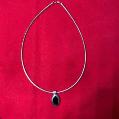 Women’s 925 Sterling Silver Omega Chain with Black Stone Pendant