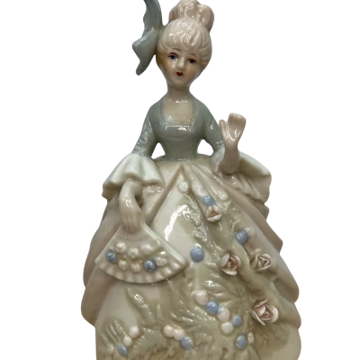 Vintage Wind Up Music Box Ceramic Lady with Fan