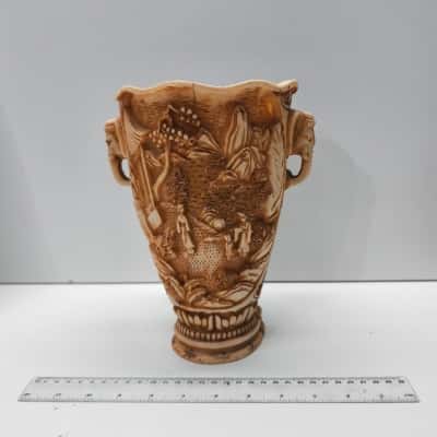 Vintage Faux Carved Ivory Resin Chinese Relief Vase Elephant Handles 20cm