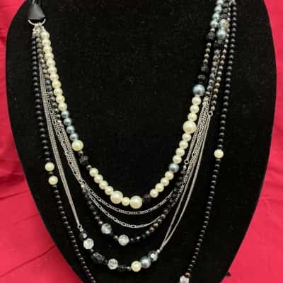 Women's Necklace Black and White with faux pearls and ribbon fastening 