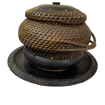 Southeast Asian tribal lidded basket and serving set