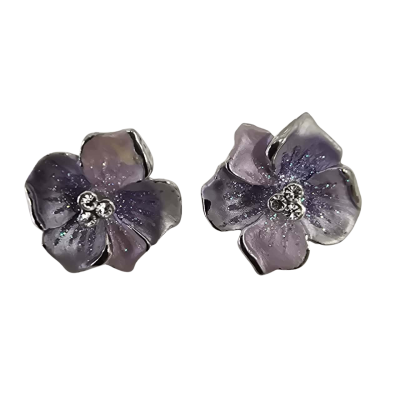  Womens Earrings Silver Plate with Pale Lavendar Enamel and Crystal Centers Clip ons