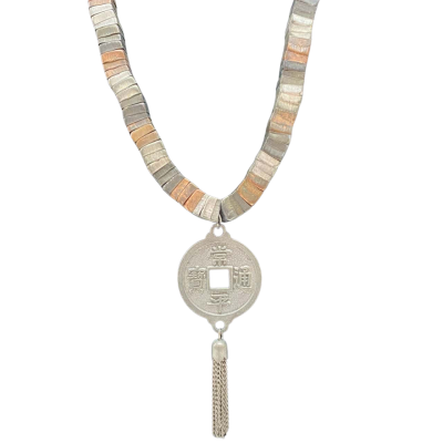  Womens Mixed Metal Necklace with Lucky Chinese Coin Pendant 