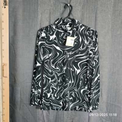 NWT Noni B Womens Rusched Neck Printed Knit Top Size XS Black / White 