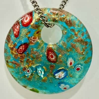 Vintage Murano Style Aqua Blue Round Pendant 