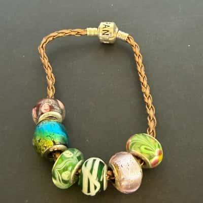 Vintage Pandora Retired Murano Glass & Brown Leather Charm Bracelet