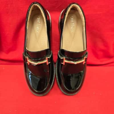 Airflex Womens  Size 7 Black  Agatha Patent Leather Loafers featuring Gold Bar RRP: $239.00