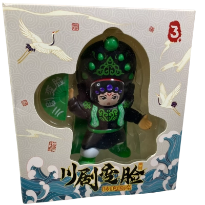 traditional Sichuan Opera Face-Changing Doll toy packaged in a decorative box with a green and black costume