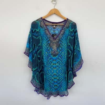 Solitaire Blue Embellished Print Free Size Blouse Top One Size 