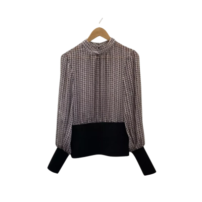 Cue Womens  Size 10 High Neck Blouse Black  / Brown / Houndstooth Pattern