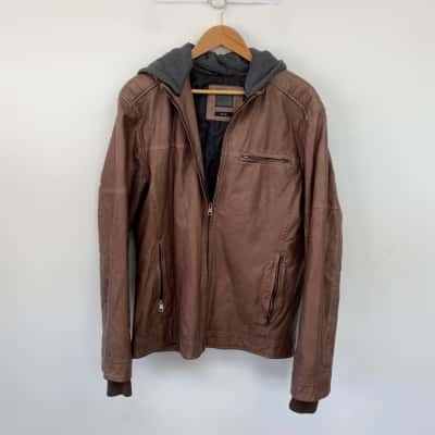 Yd. Brown Leather Look Hood Jacket  Size 42 / XL 