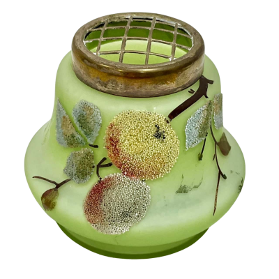 Vintage Coraline Glass Lime Green Rose Bowl w/ fruit design 