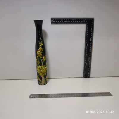 Hand Painted Vase Tall Slim Black Floral 