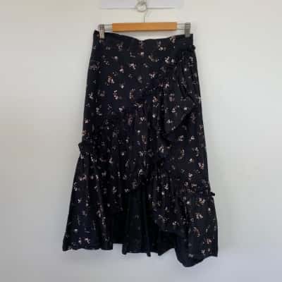 H&M Black Floral Midi Skirt  Size 8 