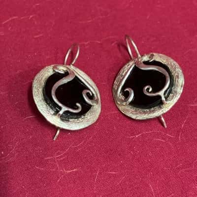  Women's 925 Silver Black Onyx Cabochon Earrings 