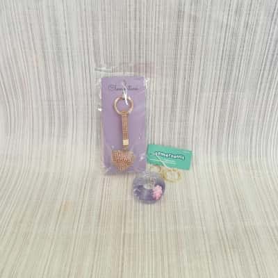 Super Cute Keyring Combo - Rose Gold Diamante Heart & Somersault Doughnut with Floating Annulus Charm 