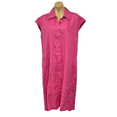 Yarra Trail Womens Size 14 Bright Pink 100% Linen Sleeveless Midi Shirt Dress 