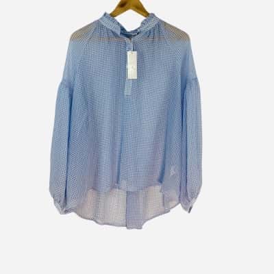 Zjoosh - Blue Checkered Puffy Sleeve Sheer Top (Size M)