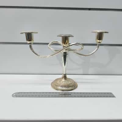 Vintage Silver Plated Grenadier English Gold-Toned Brass 3-Arm Taper Candle Holder Candelabra As Is 