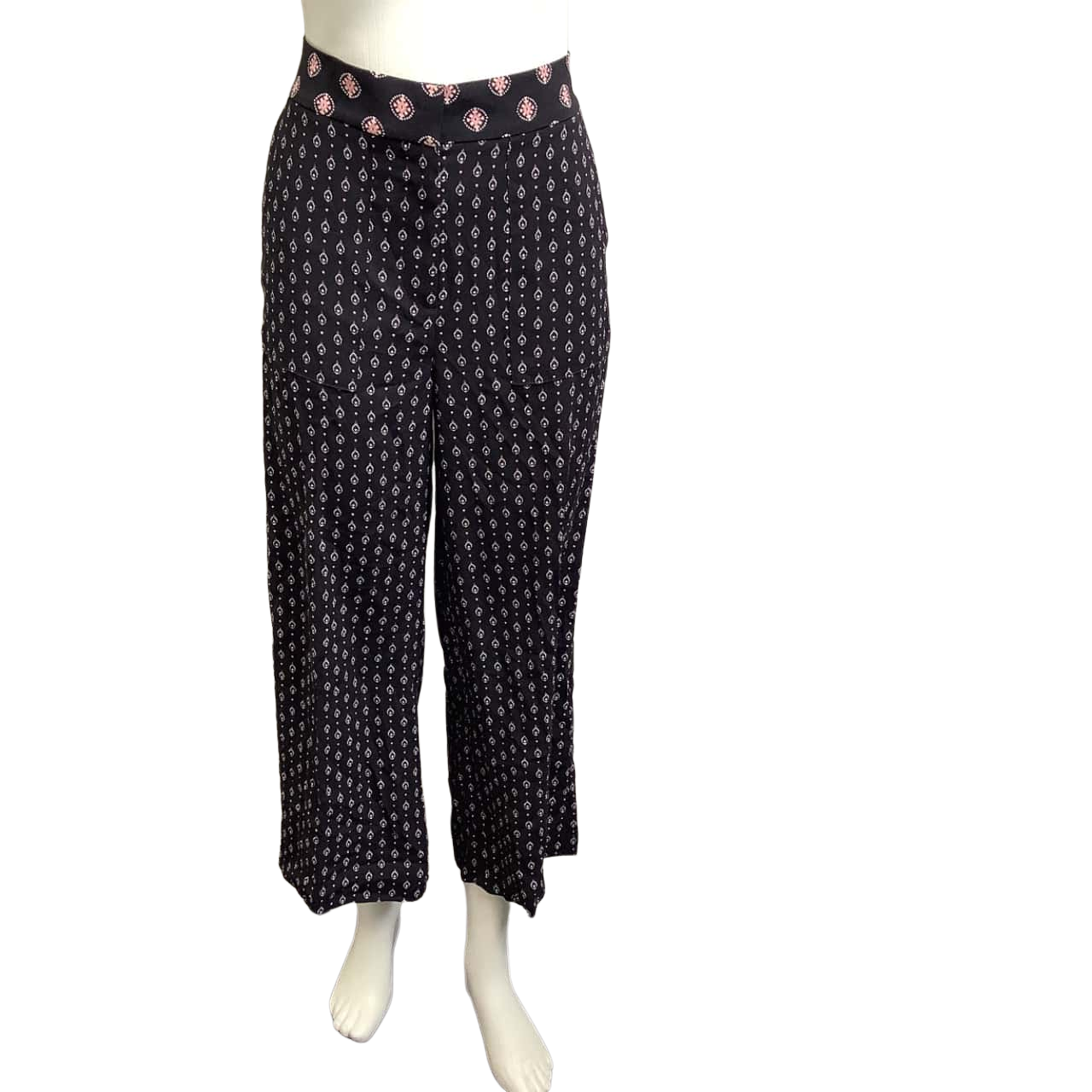 Loft Womens Size 10 Patterned Wide Leg Pants Black / Pink (s)