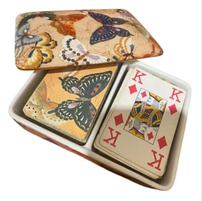 Vintage Neiman Marcus butterfly cards in ceramic container
