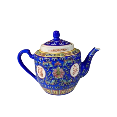 Blue Ceramic Teapot With Wan Shou Wu Jiang Motifs