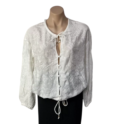 Tigerlily Womens Size 10 White Embroidered Pattern Button up Long Sleeve Blouse