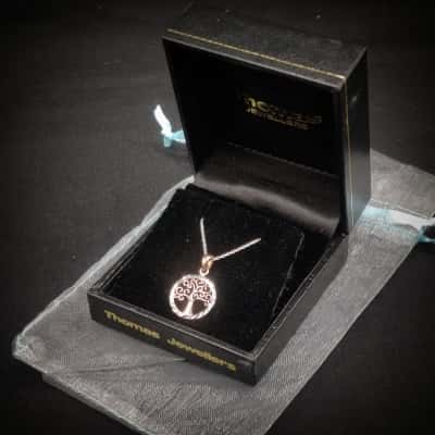 Italian 925 Silver Chain (44cm Long) With Gold (Tested) "Tree Of Life" Pendant In Silver Bevelled Edge Circle In Gift Box