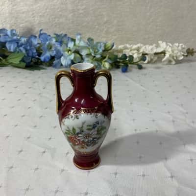 Vintage Limages Dark Red / Multicoloured Floral Porcelain Miniature Urn Vase