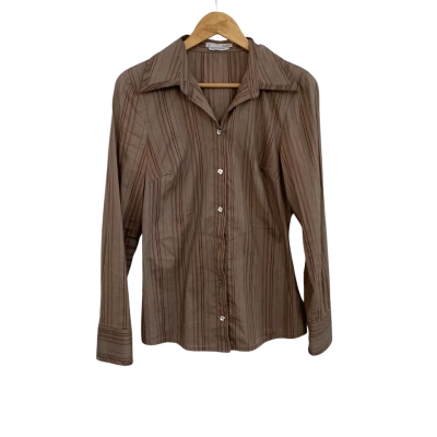 Saba Womens  Size 10 Button Up Top / Long Sleeve Top Brown / Maroon / Olive / Pinstriped 
