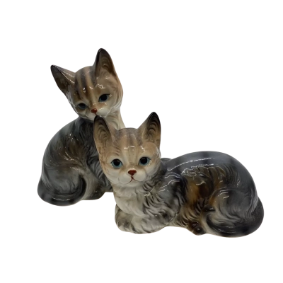 Pair of Vintage Bone China Cat Figurines Handpainted