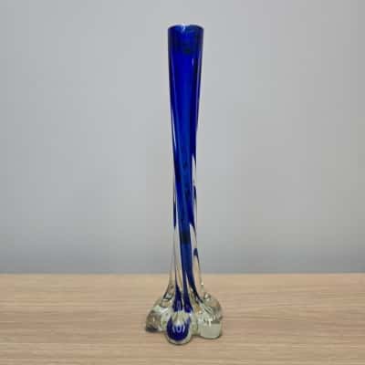 Vintage Cobalt Blue & Clear Murano-Style Art Glass Trumpet Vase – 11.5”