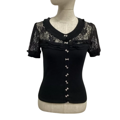 Alannah Hill Size 8 Short Sleeve Knitted Top With Lace Panel Black  