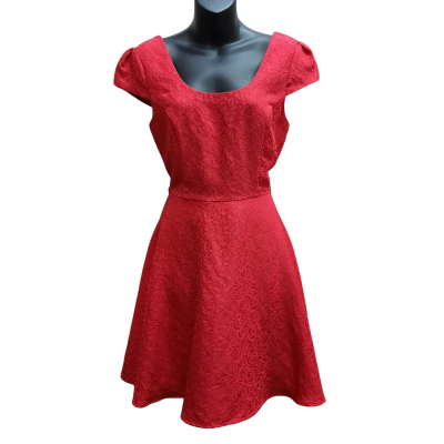 New With Tags (Missng Belt) REVIEW Size 10 Magenta Colour Brocade Cap Sleeve Fit'n'Flare Dress
