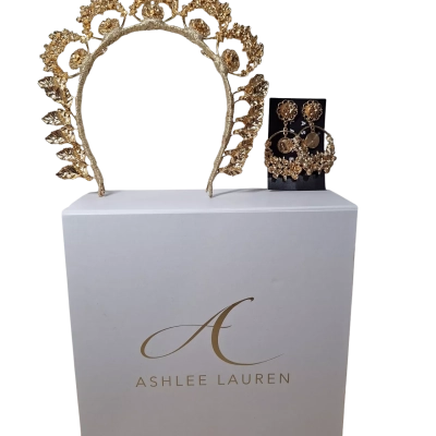 Ashlee Lauren Gold Crown/Headpiece and Matching Earrings  