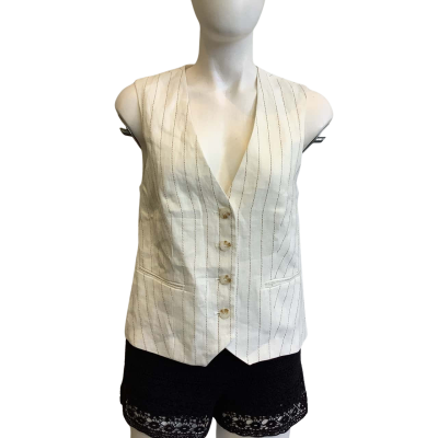 Seed Women's Size 10 Linen Blend Vest White with Brown Stitching 