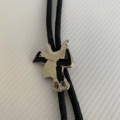 Western Rodeo Cowboy Bolo Tie - Silver & Black Enamel Saddle