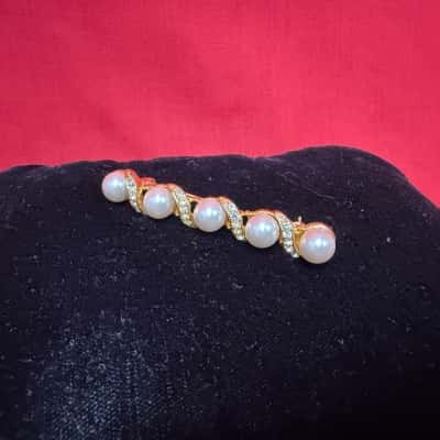 Gold-Tone Faux Pearl & Rhinestone Bar Brooch