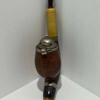 Vintage Cavalier Style Briar Wood Pipe with Carved Bowl and Horn Fittings