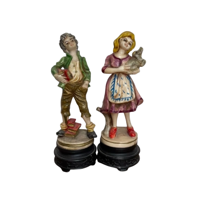 8” Peasant Boy & Peasant Girl w Dog Statues