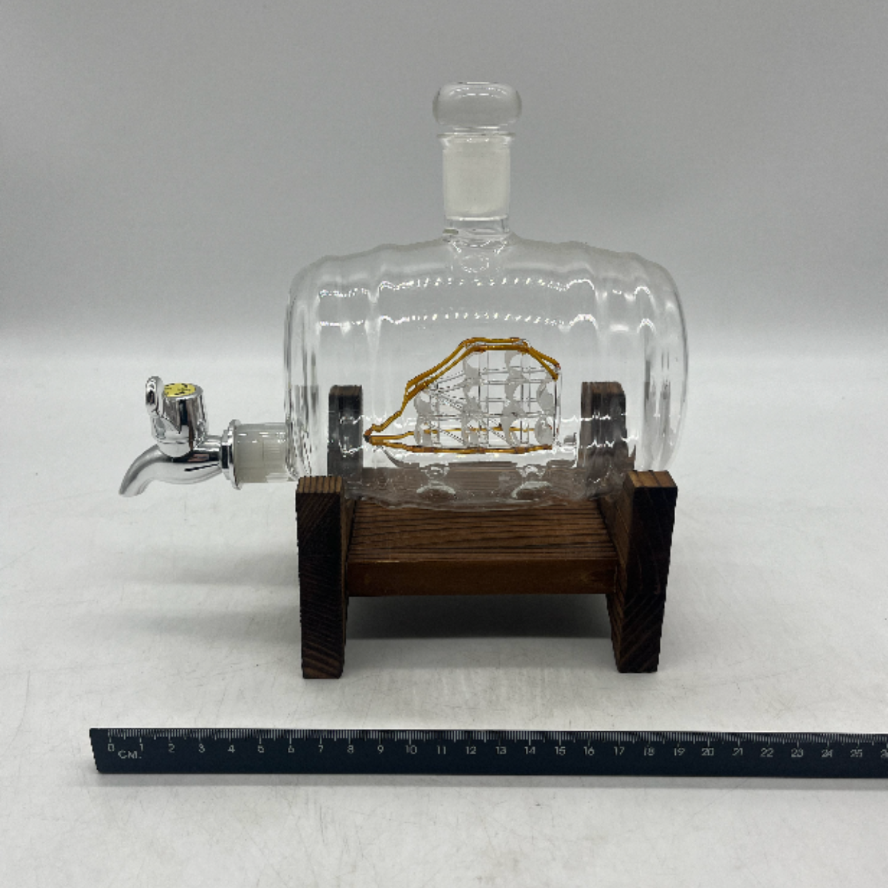 Glass Container Invert Barrel Glass Ship Barrel Decanter on Stand